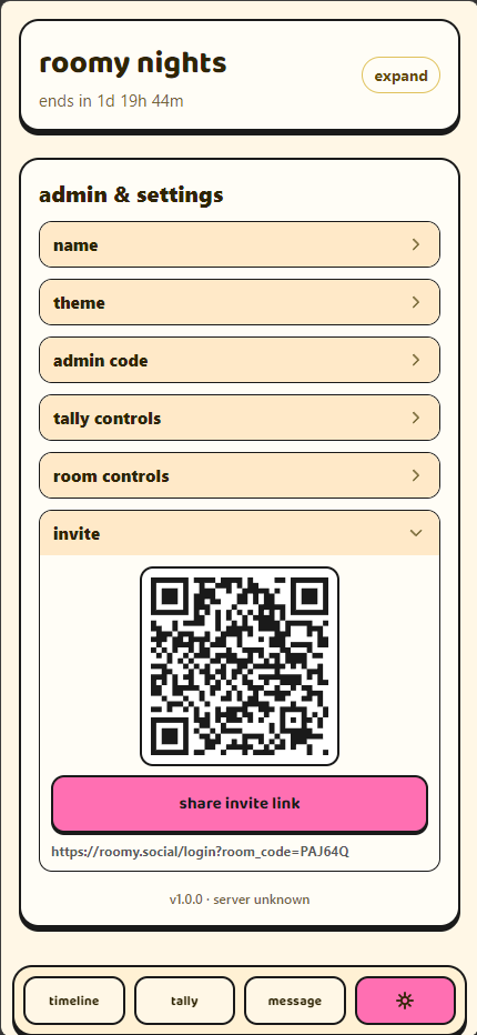 Roomy admin invite example
